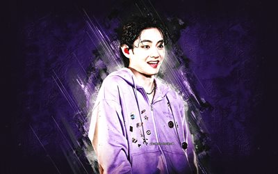 V, BTS, grunge art, Kim Tae-hyung, purple stone background, South Korean singer, K-pop