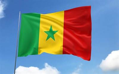 drapeau du sénégal sur mât, 4k, pays africains, ciel bleu, drapeau du sénégal, drapeaux de satin ondulés, drapeau sénégalais, symboles nationaux sénégalais, mât avec des drapeaux, jour du sénégal, afrique, drapeau sénégal, sénégal