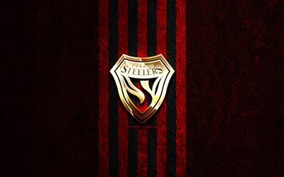Pohang Steelers golden logo, 4k, red stone background, K League 1, south korean football club, Pohang Steelers logo, soccer, Pohang Steelerse mblem, Pohang Steelers FC, football, Pohang Steelers