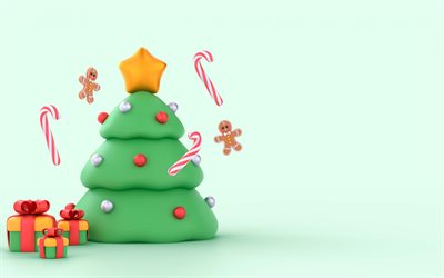 3d شجرة عيد الميلاد البلاستيسين, سنه جديده سعيده, عيد ميلاد مجيد, هدايا ثلاثية الأبعاد, البلاستيسين, خلفية عيد الميلاد, شجرة عيد الميلاد