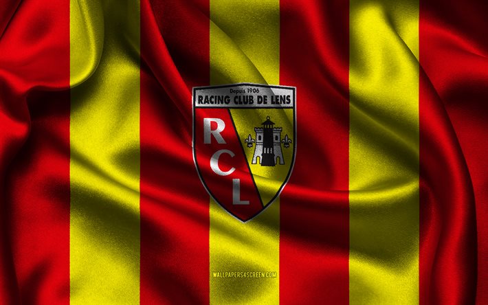 4k, logo dell'obiettivo rc, tessuto di seta giallo rosso, squadra di calcio francese, emblema dell'obiettivo rc, lega 1, obiettivo rc, francia, calcio, bandiera dell'obiettivo rc, obiettivo fc