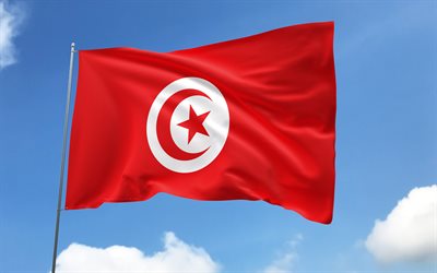 bandeira da tunísia no mastro, 4k, países africanos, céu azul, bandeira da tunísia, bandeiras de cetim onduladas, símbolos nacionais da tunísia, mastro com bandeiras, dia da tunísia, áfrica, tunísia