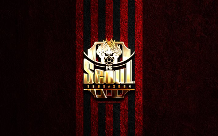 logotipo dorado del fc seúl, 4k, fondo de piedra roja, liga k 1, club de fútbol de corea del sur, logotipo del fc seúl, fútbol, emblema del fc seúl, fc seúl, seúl fc