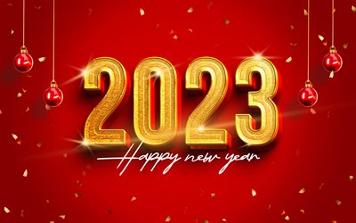 4k, 2023 hyvää uutta vuotta, kultaiset 3d numerot, 2023 konseptit, punaisia ​​joulupalloja, 2023 kultaisia ​​numeroita, joulukoristeita, hyvää uutta vuotta 2023, luova, 2023 punainen tausta, 2023 vuosi, hyvää joulua