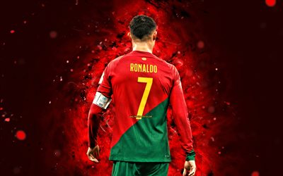 4k, Cristiano Ronaldo, back view, Qatar 2022, red neon lights, Portugal National Football Team, CR7, soccer, joy, footballers, red abstract background, Portuguese football team, Cristiano Ronaldo 4K