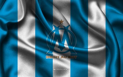 4k, Olympique de Marseille logo, blue white silk fabric, French football team, Olympique de Marseille emblem, Ligue 1, Olympique de Marseille, France, football, Olympique de Marseille flag