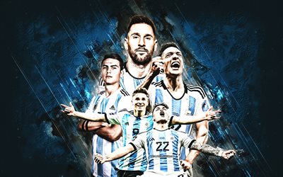 Argentina national football team, Lionel Messi, Paulo Dybala, Lautaro Martinez, Lisandro Martinez, Julian Alvarez, blue stone background, football, Qatar 2022, Argentina