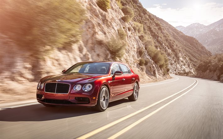 carretera, montañas, 2017, el Bentley Flying Spur, velocidad, sedanes, rojo Bentley