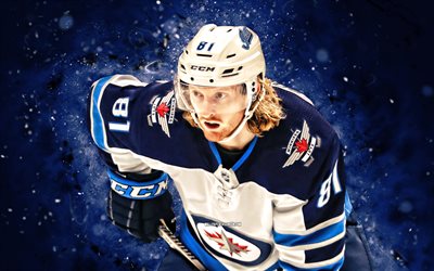 Kyle Connor, 4k, blue neon lights, Winnipeg Jets, NHL, hockey, Kyle Connor 4K, blue abstract background, Kyle Connor Winnipeg Jets