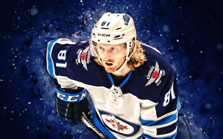 Kyle Connor, 4k, blue neon lights, Winnipeg Jets, NHL, hockey, Kyle Connor 4K, blue abstract background, Kyle Connor Winnipeg Jets