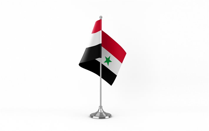 4k, drapeau de table syrie, fond blanc, drapeau de la syrie, drapeau de table de la syrie, drapeau syrien sur bâton de métal, symboles nationaux, syrie
