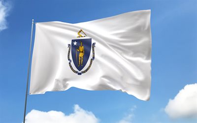 Massachusetts flag on flagpole, 4K, american states, blue sky, flag of Massachusetts, wavy satin flags, Massachusetts flag, US States, flagpole with flags, United States, Day of Massachusetts, USA, Massachusetts