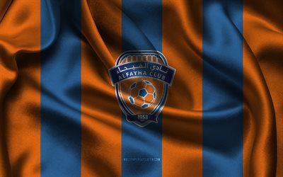 4k, logo do al fayha fc, tecido de seda laranja azul, seleção saudita de futebol, emblema do al fayha fc, arábia pro league, al fayha fc, arábia saudita, futebol, bandeira do al fayha fc