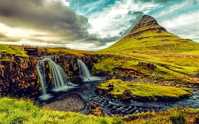 4k, kirkjufellsån, kirkjufellsfoss, berg, vacker natur, isländska landmärken, island, berget kirkjufell, hdr