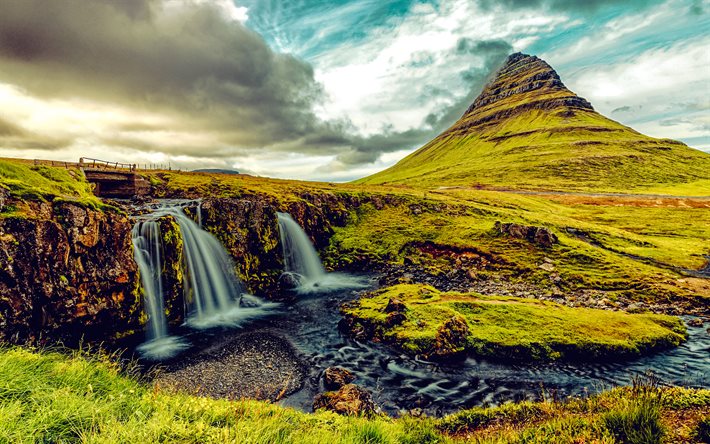 4k, río kirkjufell, kirkjufellsfoss, montañas, hermosa naturaleza, puntos de referencia islandeses, islandia, montaña kirkjufell, hdr
