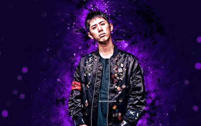 Taka, 4k, violet neon lights, Japanese singers, music stars, One Ok Rock, Moriuchi Takahiro, superstars, violet abstract background, Takahiro Moriuchi, Taka 4K