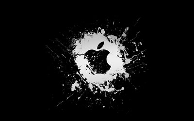 애플 화이트 로고, 4k, 미니멀리즘, 창의적인, 흰색 그런 지 밝아진, 애플 그런 지 로고, 애플 로고, 삽화, 사과