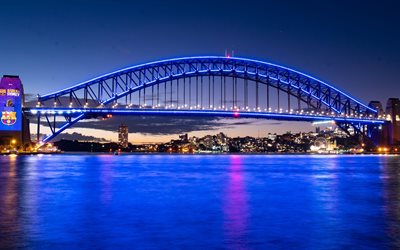 sydney harbour bridge, 4k, yömaisemat, sininen valaistus, sydneyn maamerkit, australian kaupungit, sydney, australia, sydneyn kaupunkikuva, sydneyn panoraama