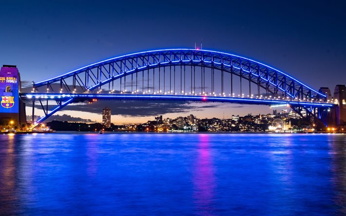 ponte da baía de sidney, 4k, paisagens noturnas, iluminação azul, marcos de sydney, cidades australianas, sidney, austrália, paisagem urbana de sidney, panorama de sidney