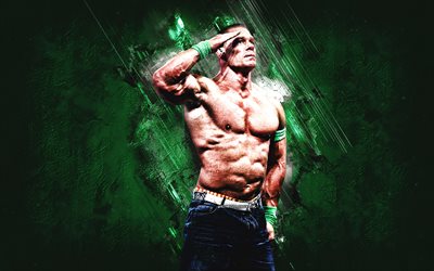 John Cena, portrait, WWE, green stone background, grunge art, American wrestler, World Wrestling Entertainment, John Felix Anthony Cena
