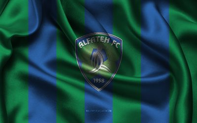 4k, logo al fateh sc, tecido de seda azul verde, seleção saudita de futebol, al fateh sc emblema, arábia pro league, al fateh sc, arábia saudita, futebol, bandeira al fateh sc