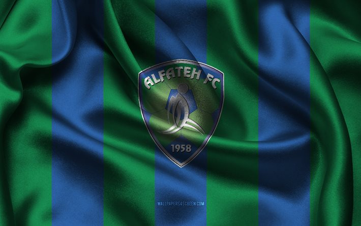 4k, logotipo de al fateh sc, tela de seda azul verde, selección de fútbol de arabia, emblema de al fateh sc, liga profesional saudita, al fateh sc, arabia saudita, fútbol, bandera de al fateh sc