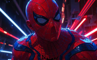 4k, 스파이더맨, 보케, 어둠, 네온 광선, 슈퍼 히어로, 마블 코믹스, 스파이더맨 아트, 삽화, 스파이더맨 4k