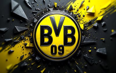 4k, Borussia Dortmund 3D logo, abstract 3D background, Bundesliga, soccer, Borussia Dortmund logo, football, Borussia Dortmund metal logo, Borussia Dortmund emblem, german football club, Borussia Dortmund FC