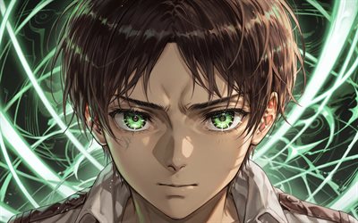 Eren Jaeger, 4k, green neon rays, creative, Attack on Titan, green eyes, manga, Shingeki no Kyojin, anime characters, protagonist, Attack on Titan characters, Eren Jaeger Attack on Titan