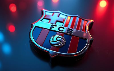 fc barcelonas metalllogga, 4k, katalonien, fc barcelonas silveremblem, närbild, vinröd ljus, blå metall bakgrund, fc barcelonas logotyp, fc barcelona signerar, fc barcelona, la liga, spanien, barcelona logotyp, barcelona