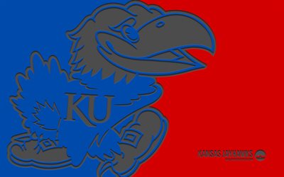logo des jayhawks du kansas, 4k, fond bleu rouge, art du carbone, ncaa, emblème des jayhawks du kansas, équipe de football américain, usa, jayhawks du kansas, football américain