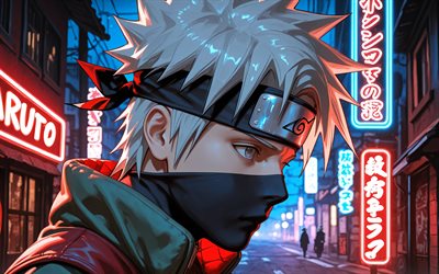 4k, kakashi hatake, noite, rua, sinais de néon coloridos, naruto, fechar se, sharingan, obra de arte, hatake kakashi, mangá, personagens de naruto, kakashi hatakenaruto