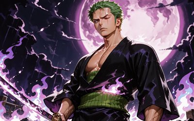 4k, roronoa zoro, kimono, luna morada, una pieza, guerrero, cicatrices, obra de arte, personajes de una pieza, manga, cazador de piratas, roronoa zoro una pieza