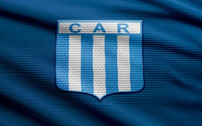 logotipo de tecido racing cordoba, 4k, fundo de tecido azul, primeira nacional, bokeh, futebol, logotipo do racing córdoba, emblema do racing córdoba, corrida de córdoba, ca racing, clube de futebol argentino, racing córdoba fc