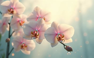 Soft pink orchids, 4k, orchid branch, tropical flowers, orchids, Orchidaceae, pink orchids, morning, sunrise, dew