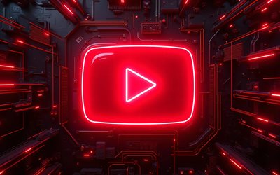 4k, logo al neon rosso di youtube, creativo, oscurità, sfondo nero 3d, bokeh, reti sociali, logo luminoso di youtube, marchi, logo 3d di youtube, opera d'arte, logo di youtube, youtube