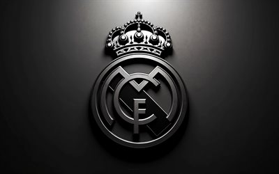 real madrid logotyp i mörk metall, 4k, real madrids emblem, real madrid signerar, real madrid cf, real madrids logotyp, real madrid, fotboll, svart metall bakgrund