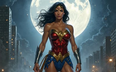4k, mujer maravilla, noche, luna brillante, cómics dc, arte 3d, obra de arte, luna azul, superhéroes, fan art, mujer maravilla 4k