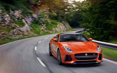 estrada, 2017, jaguar f-type svr coupé, movimento, velocidade, laranja jaguar