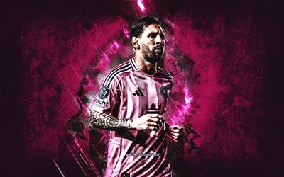 Lionel Messi, Inter Miami, Argentine footballer, pink stone background, grunge art, MLS, USA, Inter Miami CF, Leo Messi, Lionel Messi Inter Miami
