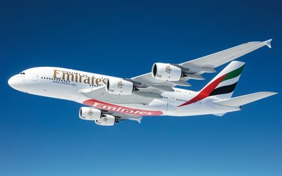 airbus a380, 4k, emirates, piani passeggeri, viaggi aerei, a380, aviazione civile, vola meglio, trasporto passeggeri, airbus, aviazione