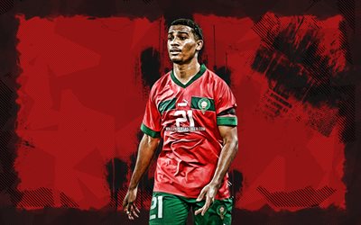 4k, Amine Adli, red grunge background, Morocco national football team, CAF, Moroccan footballers, Amine Adli 4K, football, soccer, national teams, Amine Adli Morocco Team