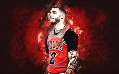ball lonzo, bulls di chicago, giocatore di basket americano, sfondo di pietra rossa, grunge art, nba, usa, ball lonzo anderson, lonzo ball chicago bulls