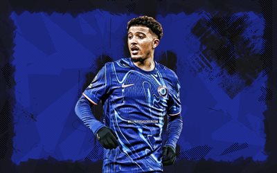 4k, jadon sancho, sfondo blu grunge, chelsea fc, premier league, calcio, calciatori inglesi, jadon sancho 4k, sfondo astratto blu, jadon sancho chelsea