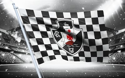 4k, logo cr vasco da gama, club di calcio brasiliano, flag di stadio, cr vasco da gama fan flag, bandiera nera bianca, cr vasco da gama emblem, serie brasiliana a, vasco da gama, brasile, calcio, cr vasco da gama