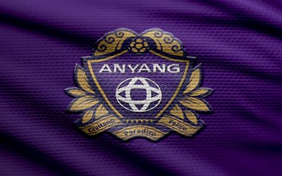 FC Anyang fabric logo, 4k, violet fabric background, K League 1, bokeh, soccer, FC Anyang logo, football, FC Anyang emblem, FC Anyang, south korean football club, Anyang FC