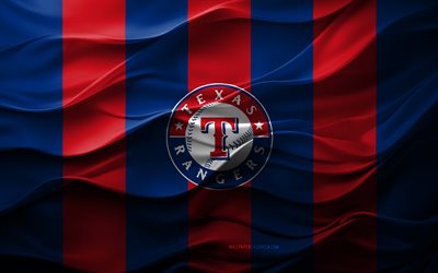 4k, texas rangers logosu, kırmızı mavi 3d arka plan, texas rangers amblemi, amerikan beyzbol takımı, texas rangers bayrağı, 3d doku, mlb, amerika, texas rangers, beyzbol, major league beyzbol