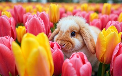 bunny di pasqua, 4k, campo di tulipano, buona pasqua, campo di fiori, fiori primaverili, tulipani, pasqua, sfondo con bunny, coniglio, tulipani colorati, bunny