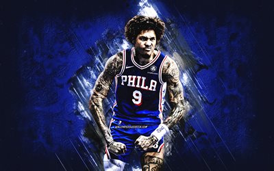 Kelly Oubre Jr, Philadelphia 76ers, American basketball player, blue stone background, NBA, grunge art, USA, National Basketball Association, basketball