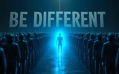 Be different, 4k, man among the crowd, darkness, blue glow, Be different concepts, Be different inscription, artwork, Be different art